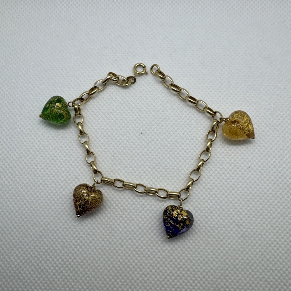Lovely Michael Anthony 14K Gold Chain Bracelet w/Murano Glass Heart Charms 7.25